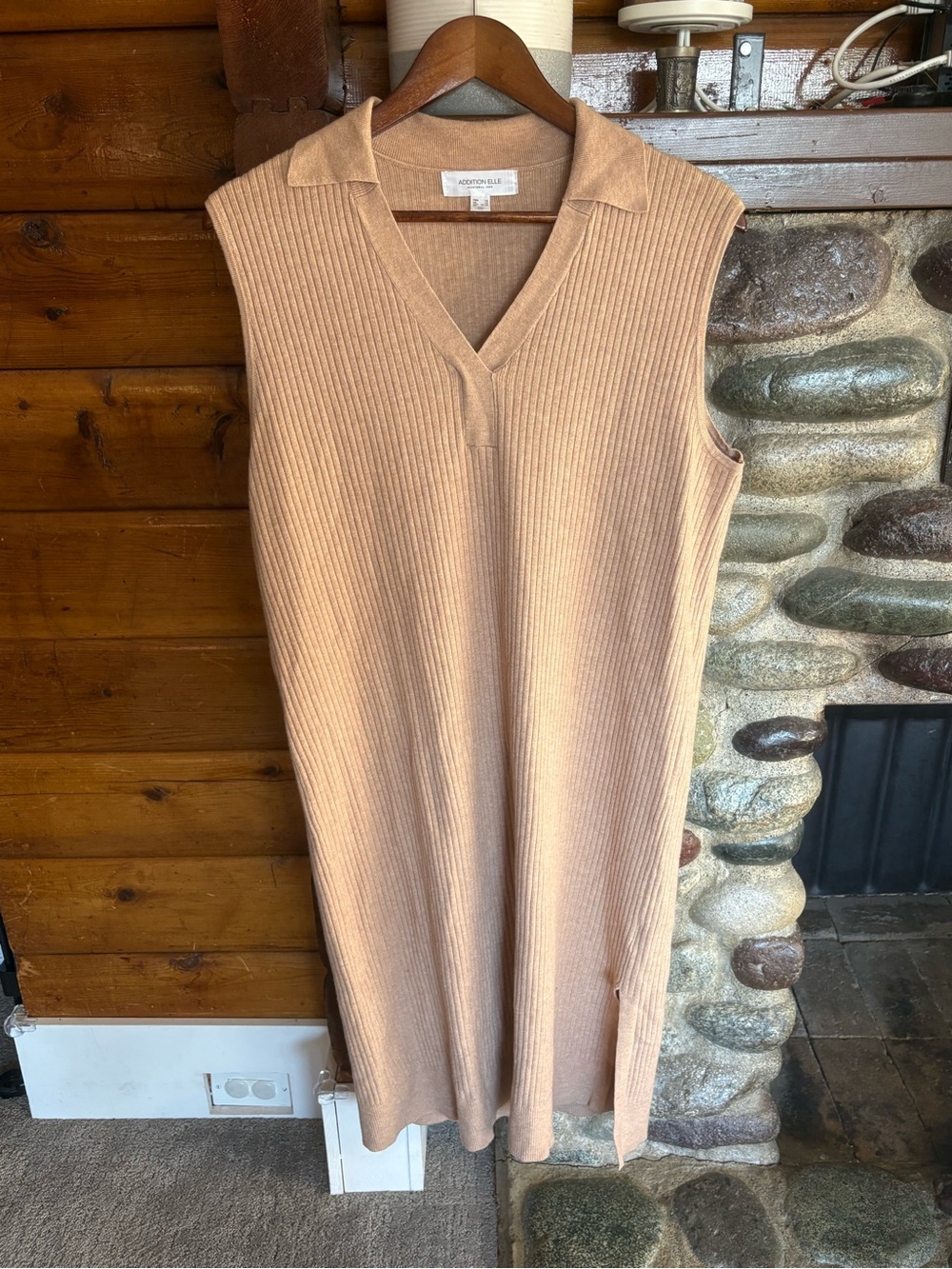 Addition Elle Ribbed Knit Polo Midi Dress Tan Sleeveless 1X Quiet Luxury